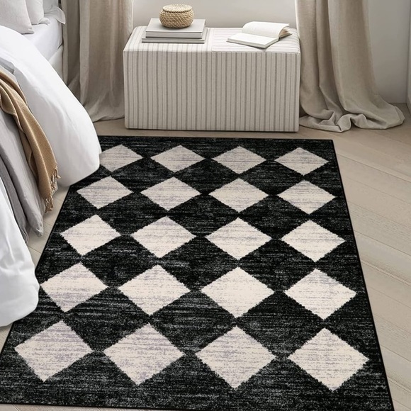 ๐ MC Style Area Rug Black & Ivory Check Checker Plaid 5โ x 7โ MACHINE WASHABLE - Picture 3 of 9